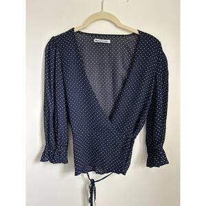 Reformation Dark Navy Blue Polka Dot Wrap Blouse Top, Coastal Chic Old Money, XS